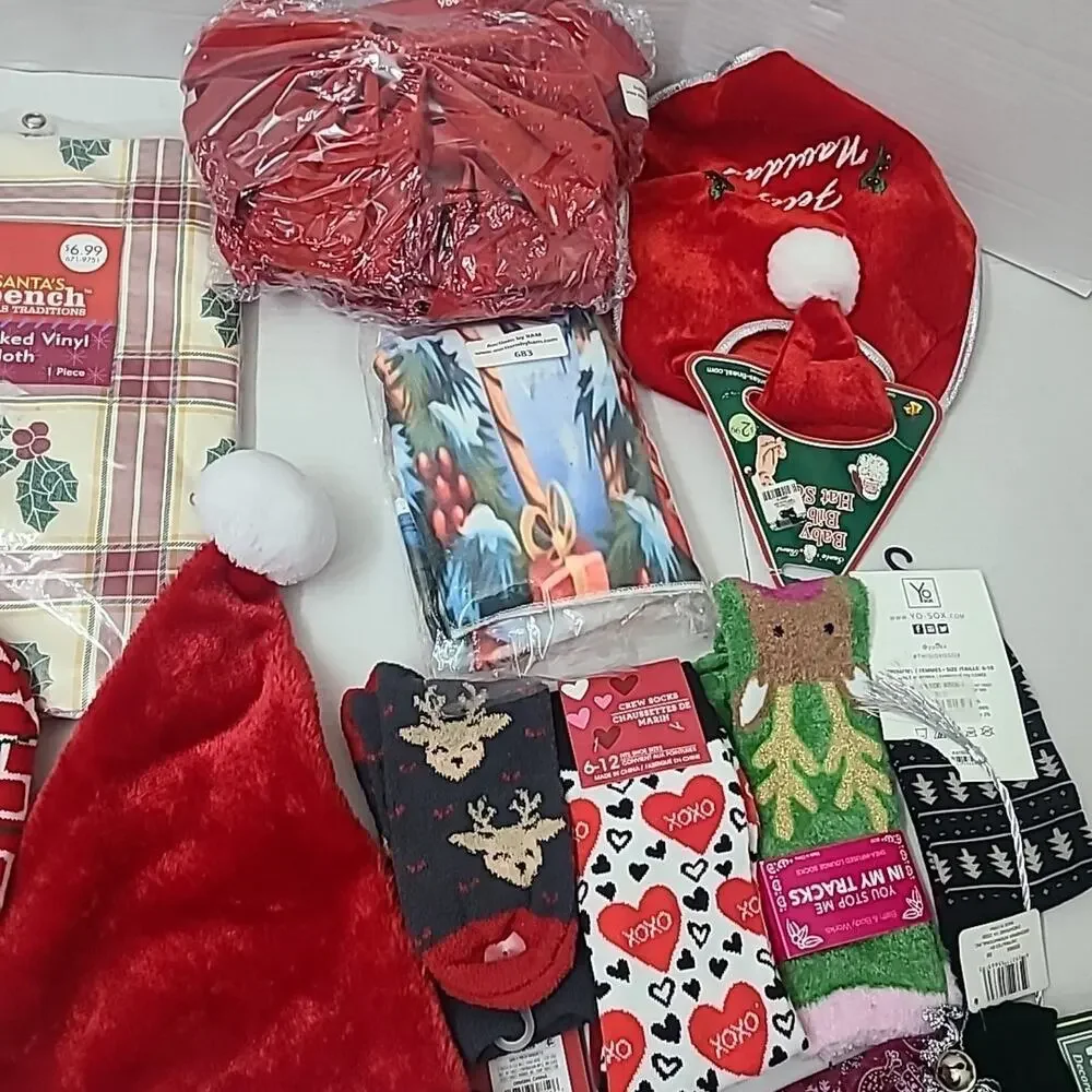 Christmas Holiday Decor Accessories Lot Santa Hats Socks Tablecloth Wine Bag